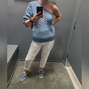 MICHAEL Michael Kors One Shoulder Cable Knit Light Blue Sweater
